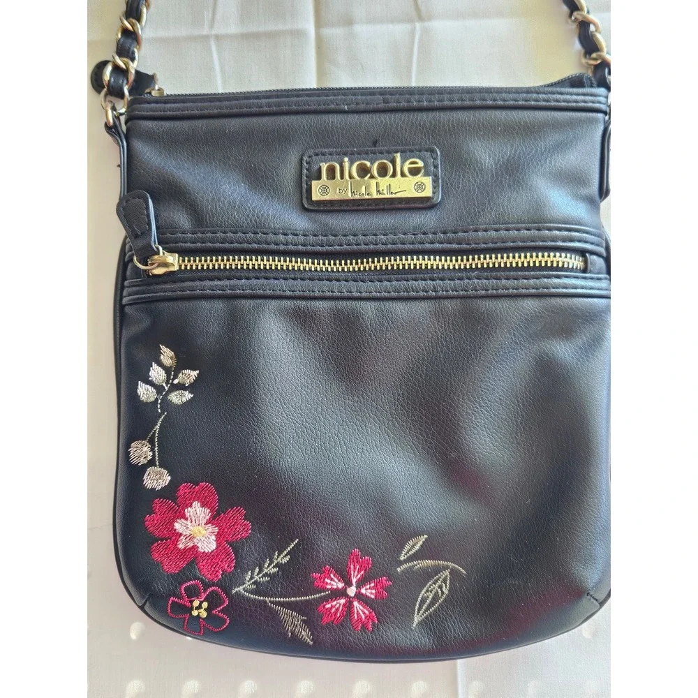 Nicole Miller Black Faux Leather‎ Crossbody Bag Floral Embroidery Chain Strap